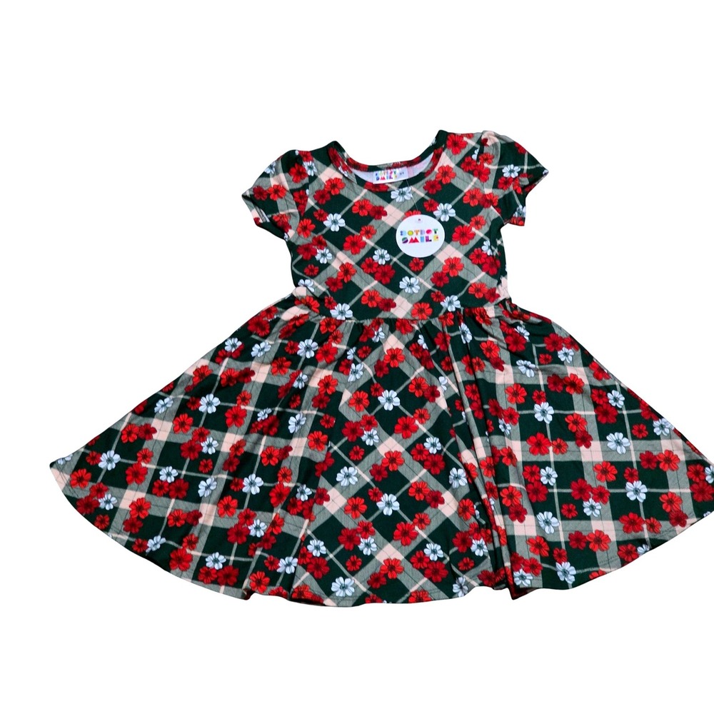 DotDotSmile Kids Plaid Floral Short Sleeve Twirl Dress Green Red 3/4 NEW‎